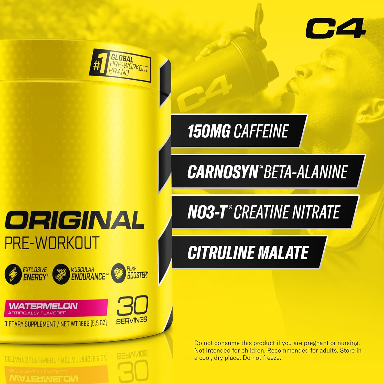 Cellucor C4 Original Watermelon Sugar-Free Pre Workout Powder for Men & Women - Energy Supplement with Caffeine, Beta Alanine, and Creatine (30 Servings)