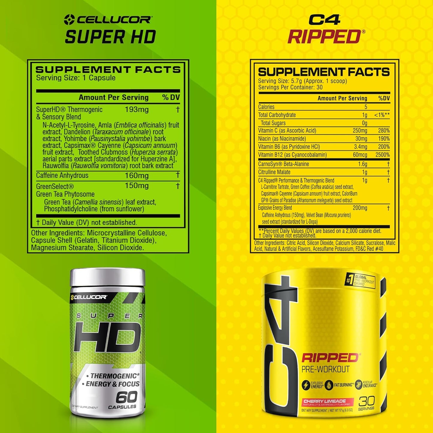 Cellucor C4 Ripped and SuperHD Thermogenic Bundle - Cherry Limeade Pre Workout Powder with Capsimax and Green Tea Extract - 30 Servings + 60 Servings