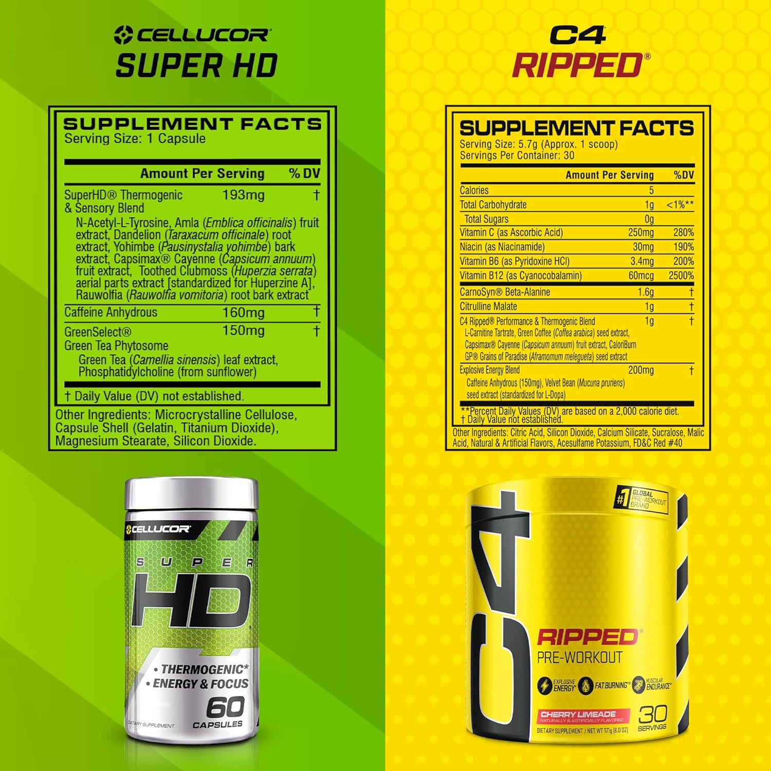 Cellucor C4 Ripped and SuperHD Thermogenic Bundle - Cherry Limeade Pre Workout Powder with Capsimax and Green Tea Extract - 30 Servings + 60 Servings