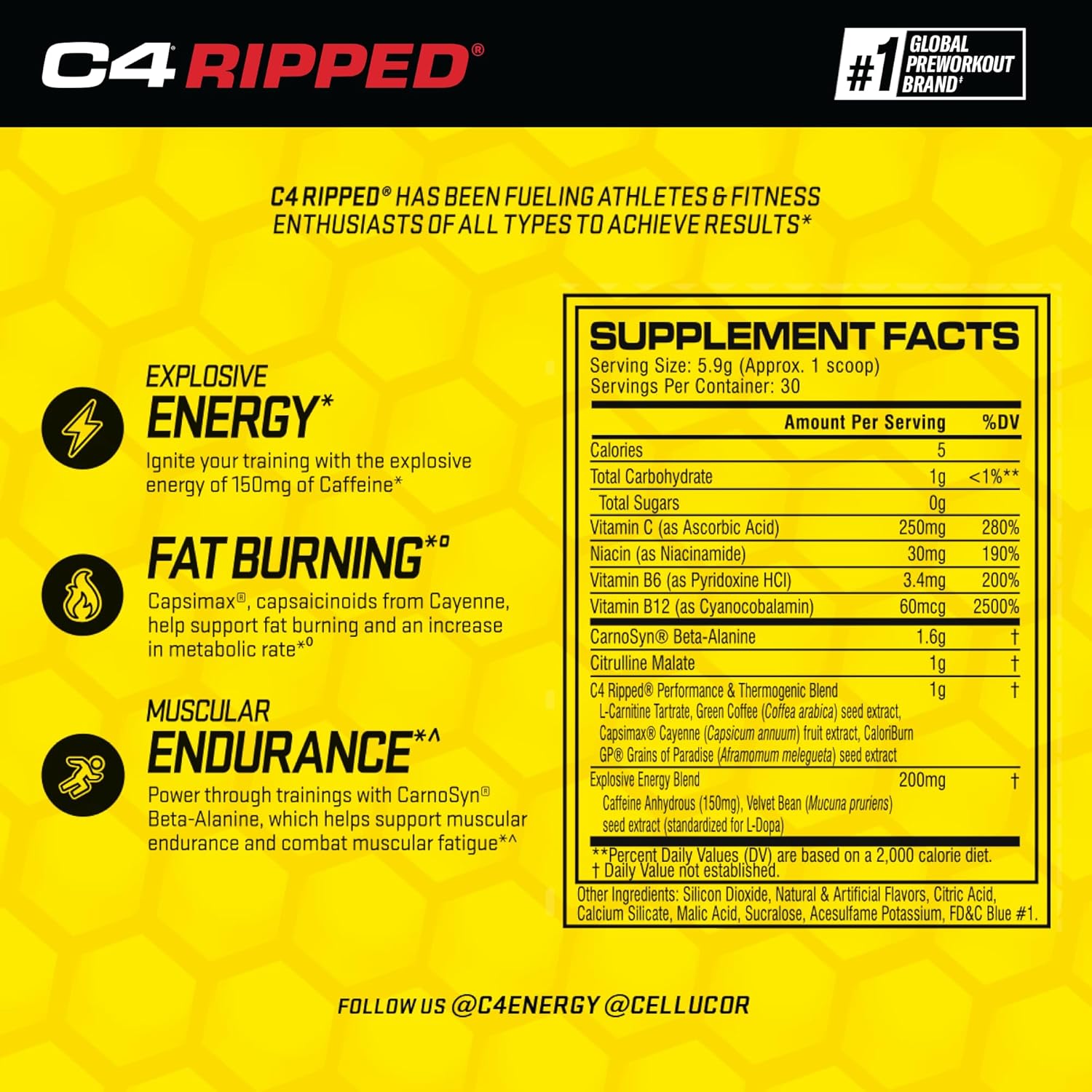 Cellucor C4 Ripped Pre Workout Powder - Sugar Free Energy Supplement with Beta Alanine for Men & Women - 150mg Caffeine - Creatine-Free - ICY Blue Razz - 30 Servings