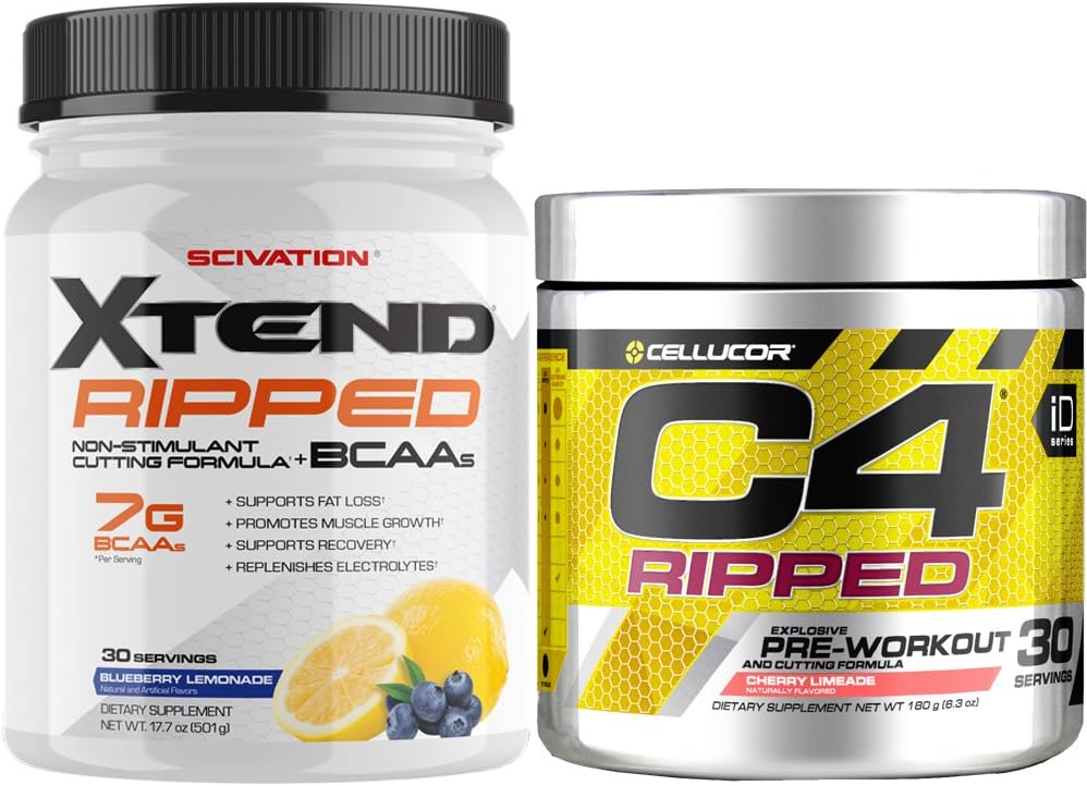 Cellucor C4 Ripped Pre Workout Powder + Scivation Xtend Ripped BCAA Powder Combo Pack, Cherry Limeade & Blueberry Lemonade, 30 Servings Each