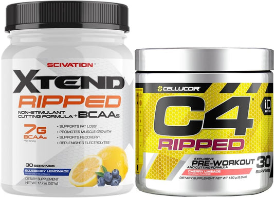 Cellucor C4 Ripped Pre Workout Powder + Scivation Xtend Ripped BCAA Powder Combo Pack, Cherry Limeade & Blueberry Lemonade, 30 Servings Each