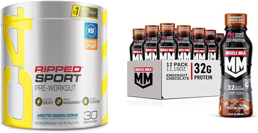 Cellucor C4 Ripped Sport Pre Workout Powder & Muscle Milk Pro Advanced Protein Shake Bundle - Arctic Snow Cone & Knockout Chocolate Flavor - 12 Pack of 11.16 Fl Oz Bottles
