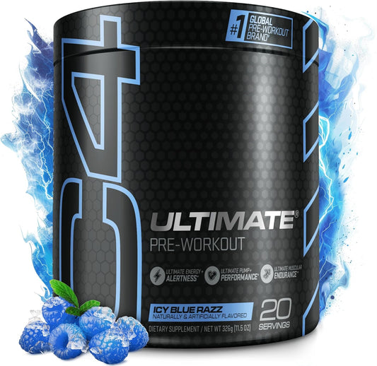 Cellucor C4 Ultimate Icy Blue Razz Pre Workout Powder - Sugar Free Energy Supplement with Caffeine, Beta Alanine, and Creatine - 20 Servings