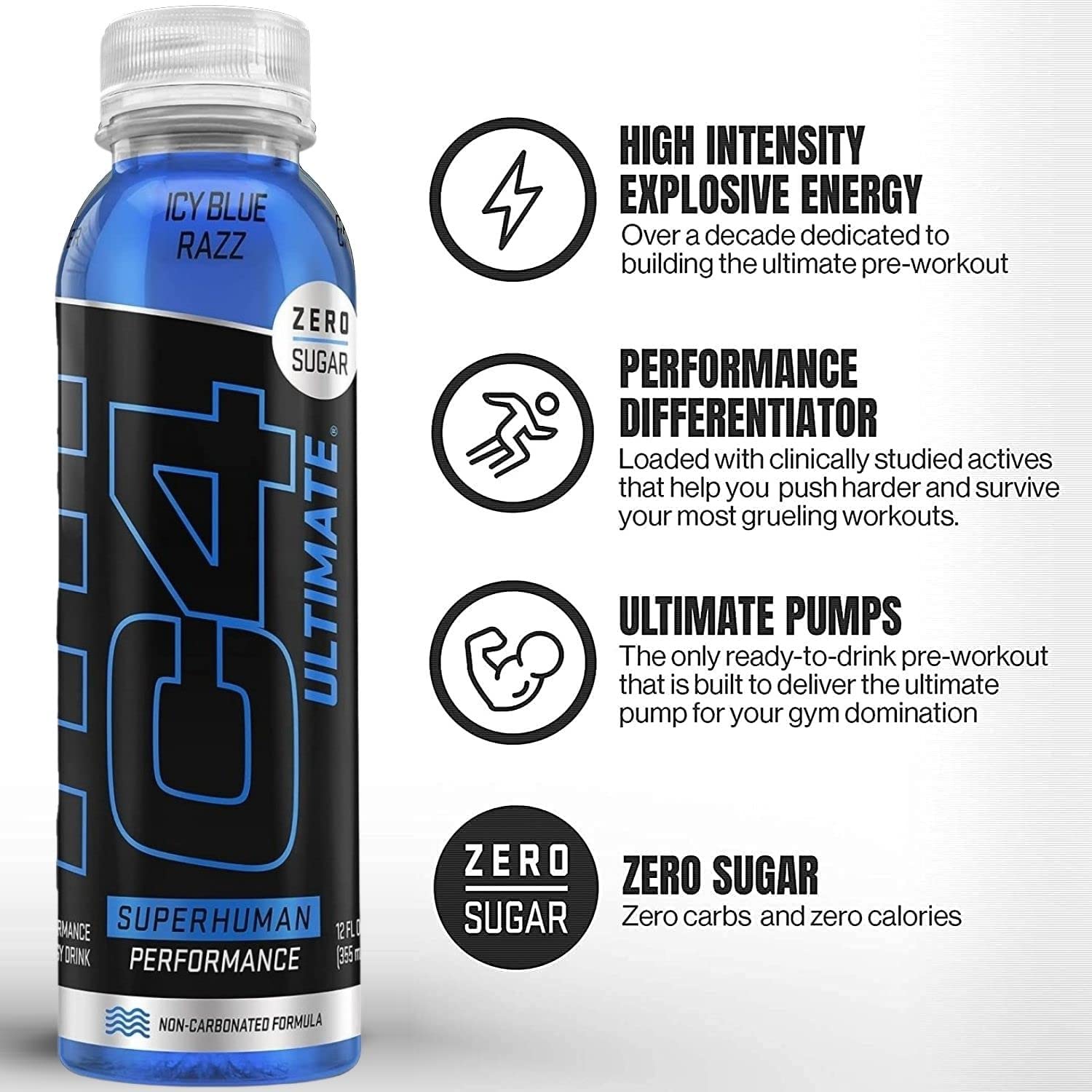 Cellucor C4 Ultimate Non-Carbonated Energy Drink with Zero Sugar, Pre Workout + Beta Alanine, 12 Fl Oz (Pack of 12)