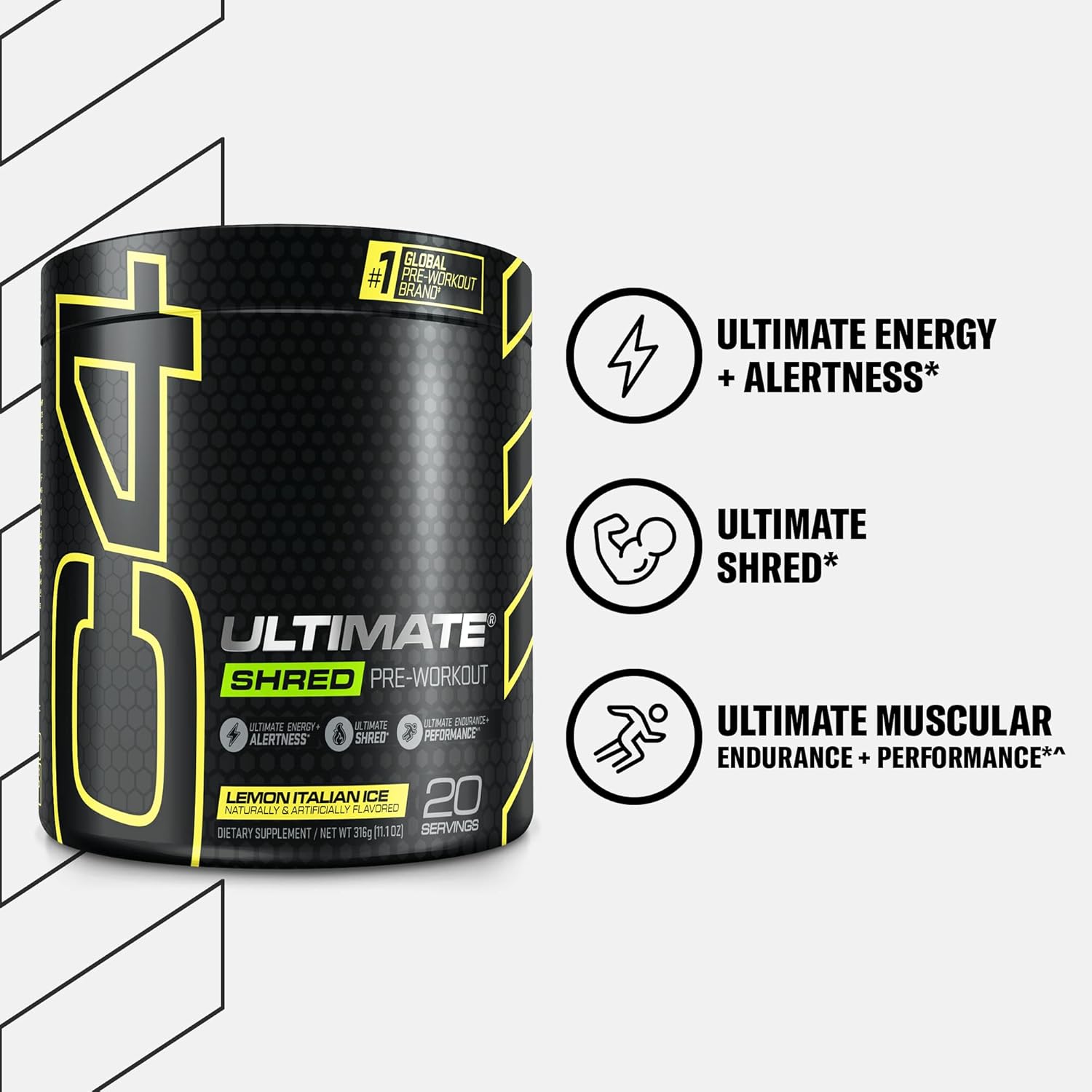 Cellucor C4 Ultimate Shred Pre Workout Powder - Metabolism Supplement with Ginger & Lemon Flavor - 20 Servings