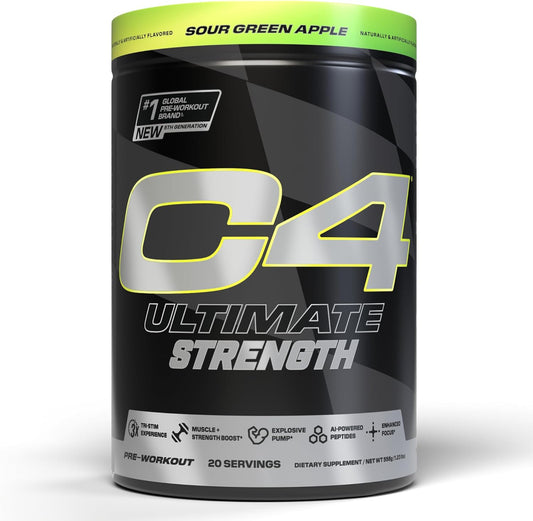Cellucor C4 Ultimate Strength Pre Workout Powder - Energizing Blend with Caffeine, TeaCrine, and Dynamine - Creatine & Beta-Alanine - Energy Supplement - Sour Green Apple, 20 Servings