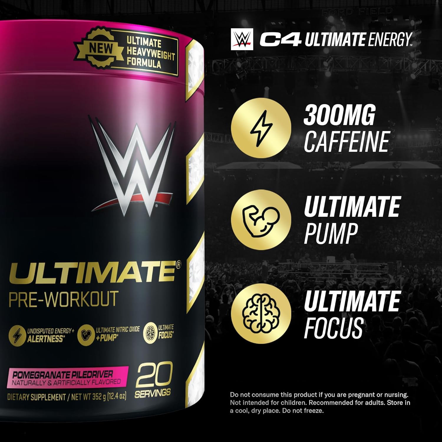 Cellucor C4 Ultimate x WWE Pomegranate PileDriver Pre Workout Powder - Sugar Free Energy Supplement with Caffeine, Beta Alanine, and Creatines - 20 Servings