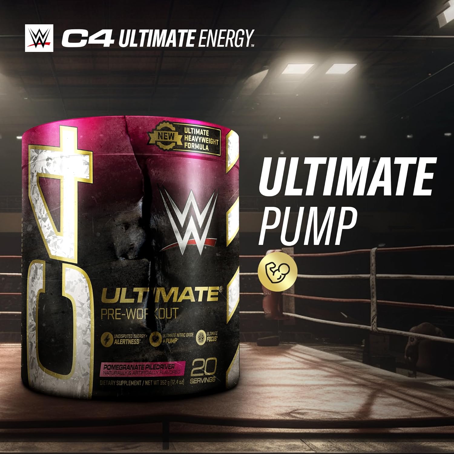 Cellucor C4 Ultimate x WWE Pomegranate PileDriver Pre Workout Powder - Sugar Free Energy Supplement with Caffeine, Beta Alanine, and Creatines - 20 Servings