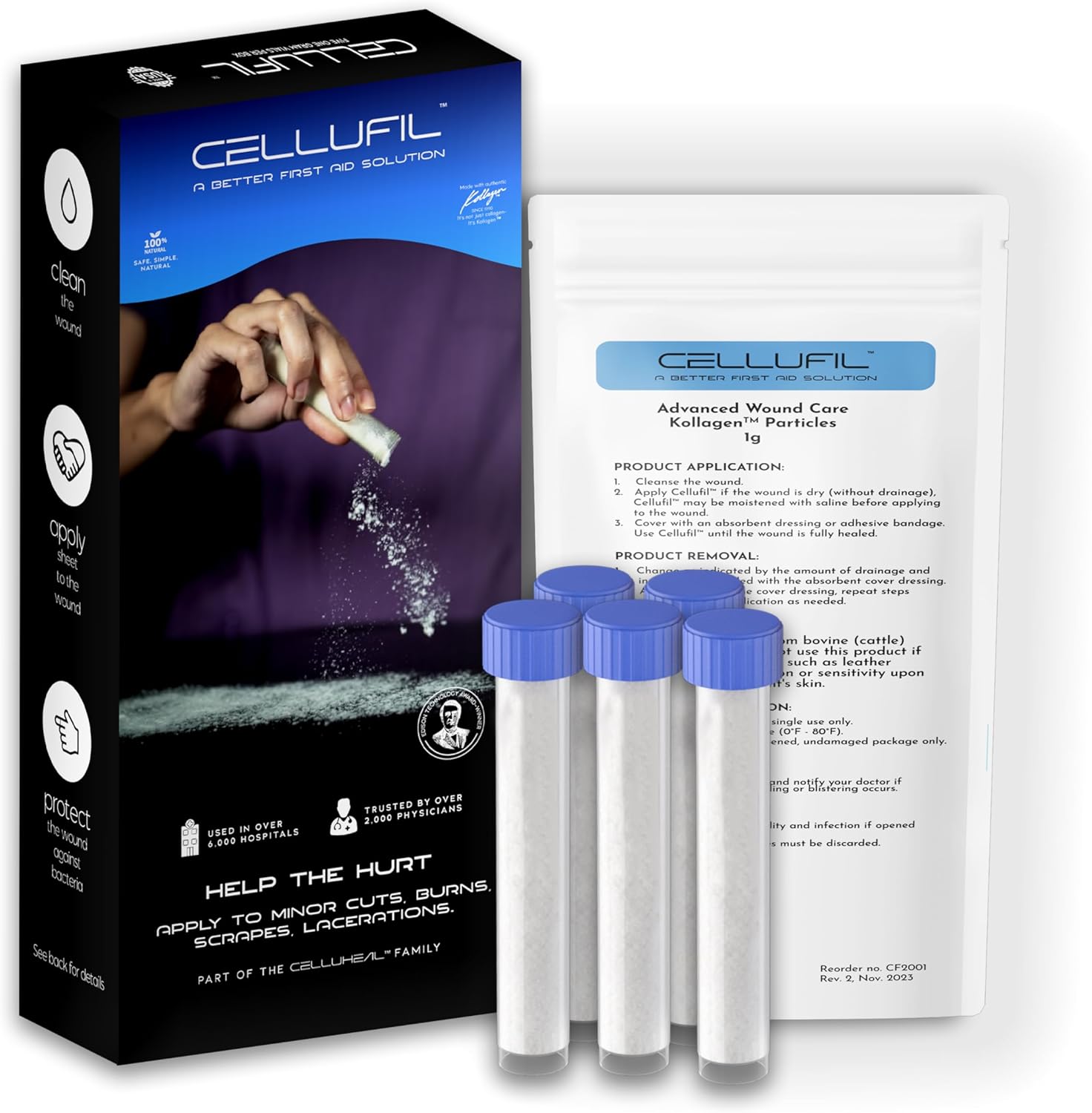 Celluheal Cellufil® Collagen Particles: Non-Hydrolyzed Bovine Collagen for Wound Care, Tissue Regeneration, First Aid - Box of 5 Vials