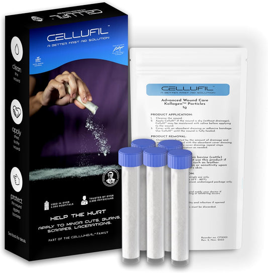 Celluheal Cellufil® Collagen Particles: Non-Hydrolyzed Bovine Collagen for Wound Care, Tissue Regeneration, First Aid - Box of 5 Vials