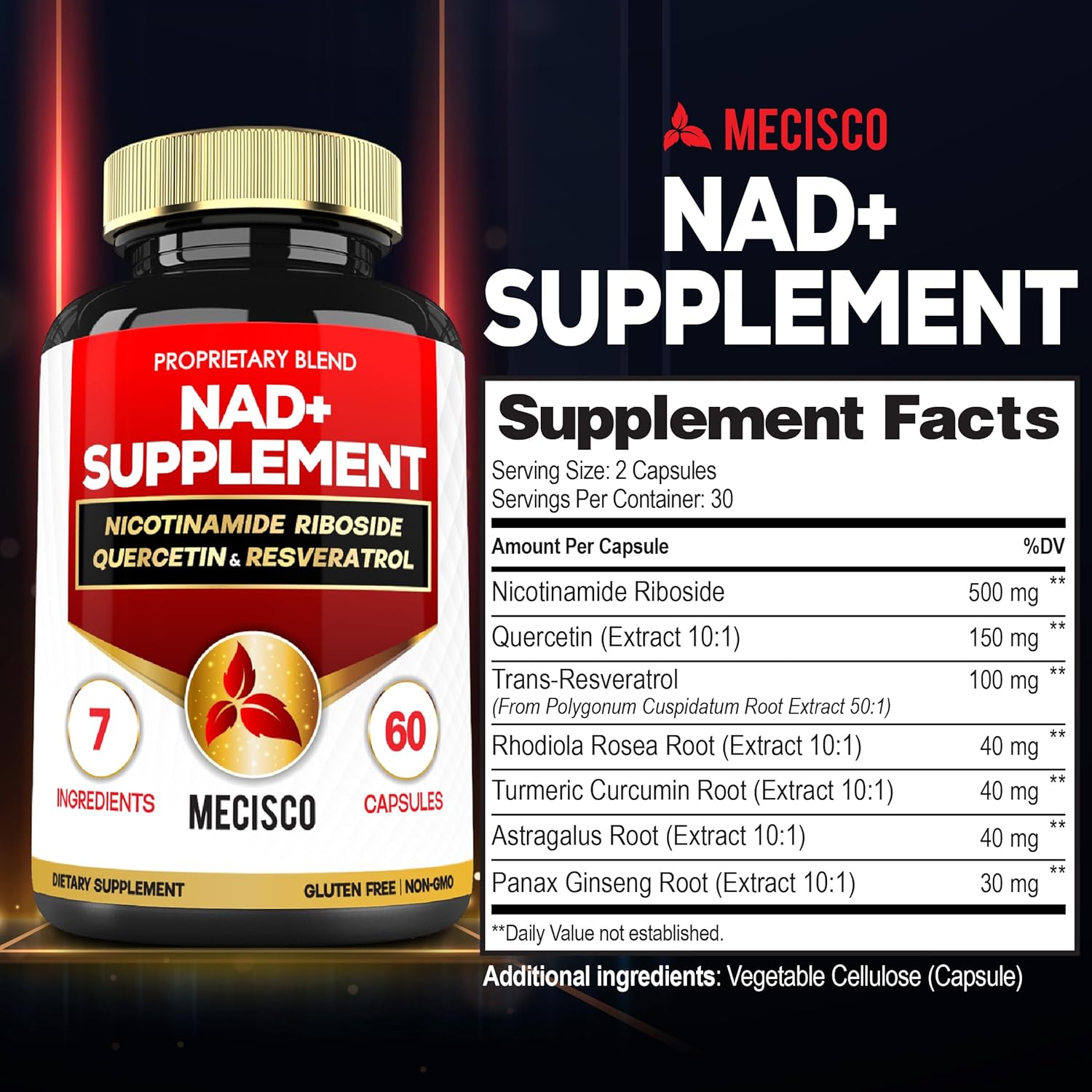 Cellular Energy & Repair Supplement with NAD+ 900mg, Quercetin, Resveratrol, Turmeric - Vitality & Healthy Aging - 60 Capsules