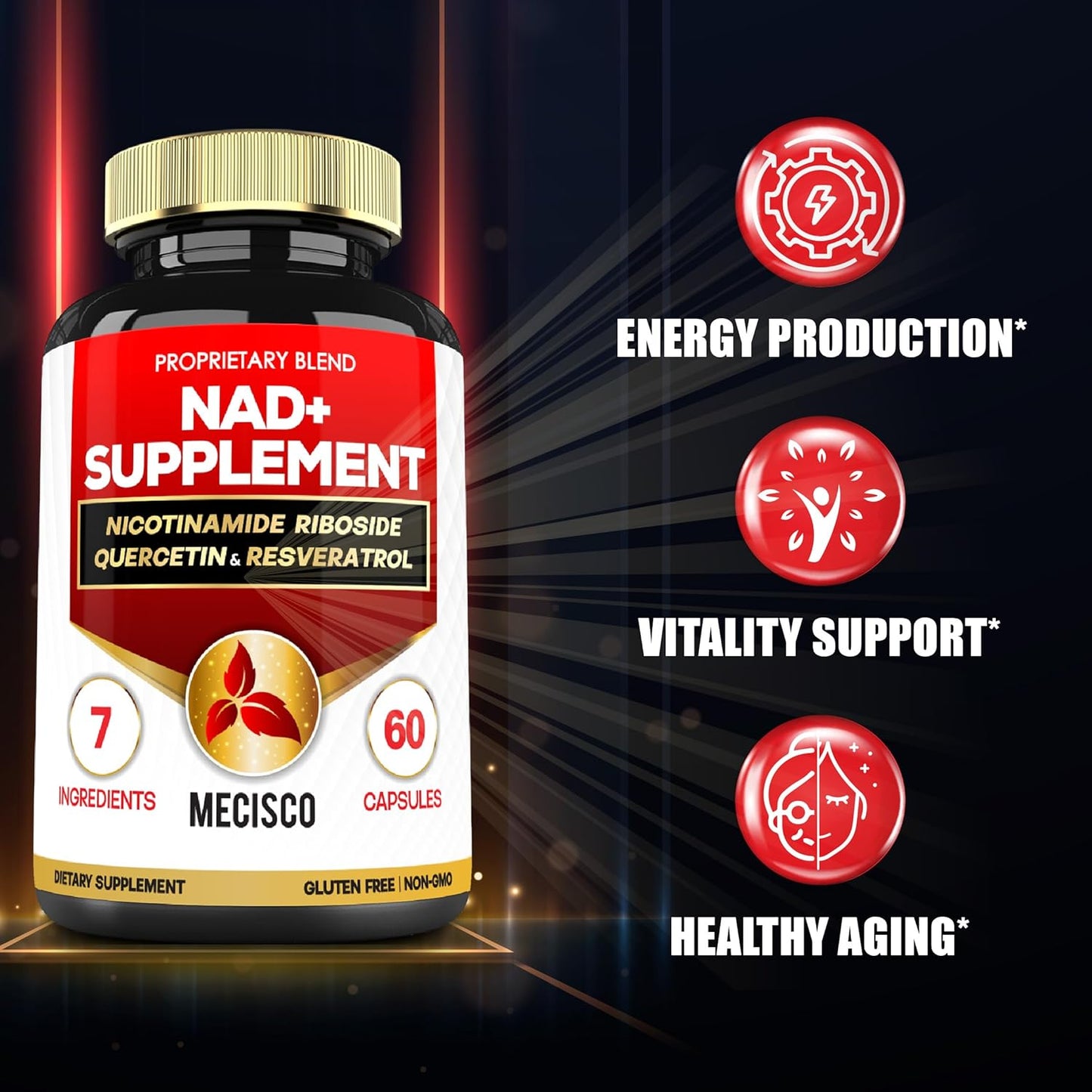 Cellular Energy & Repair Supplement with NAD+ 900mg, Quercetin, Resveratrol, Turmeric - Vitality & Healthy Aging - 60 Capsules