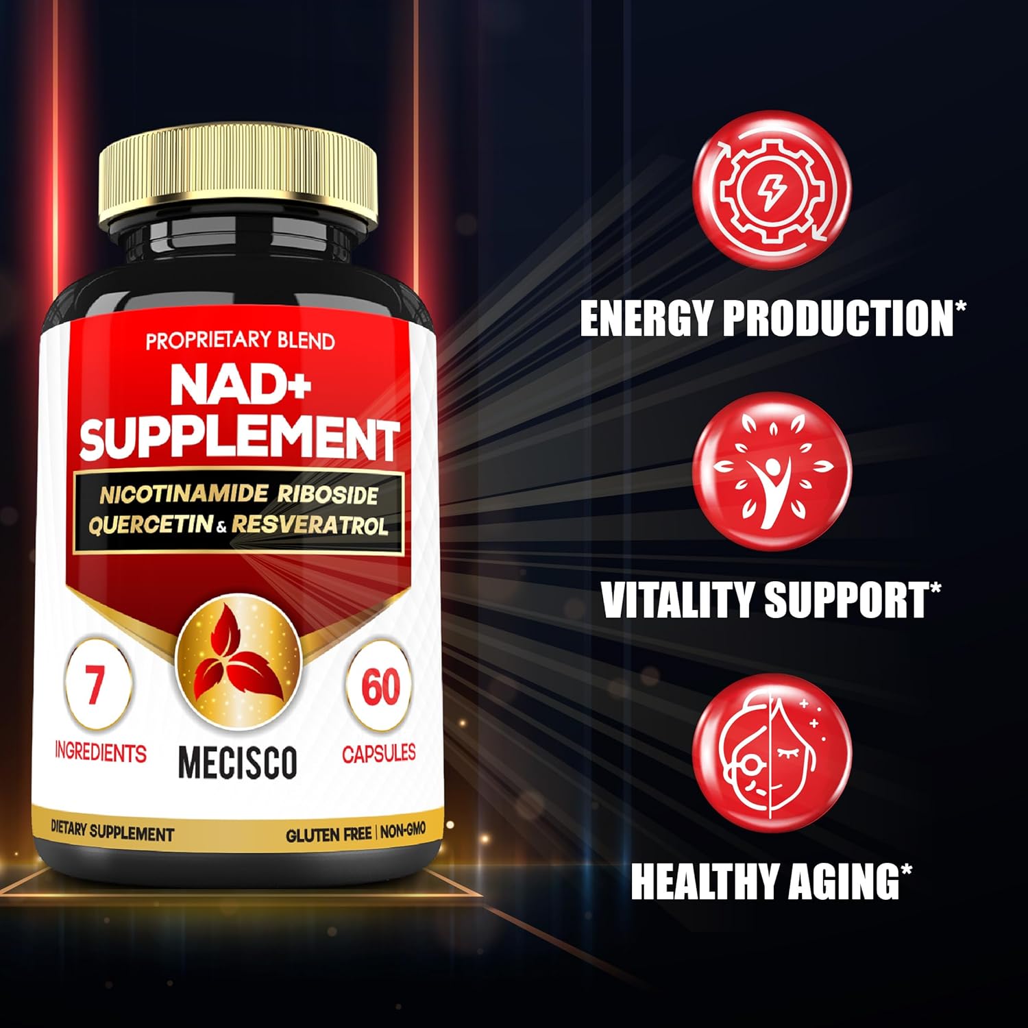 Cellular Energy & Repair Supplement with NAD+ 900mg, Quercetin, Resveratrol, Turmeric - Vitality & Healthy Aging - 60 Capsules