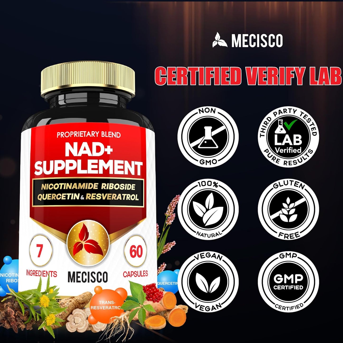 Cellular Energy & Repair Supplement with NAD+ 900mg, Quercetin, Resveratrol, Turmeric - Vitality & Healthy Aging - 60 Capsules