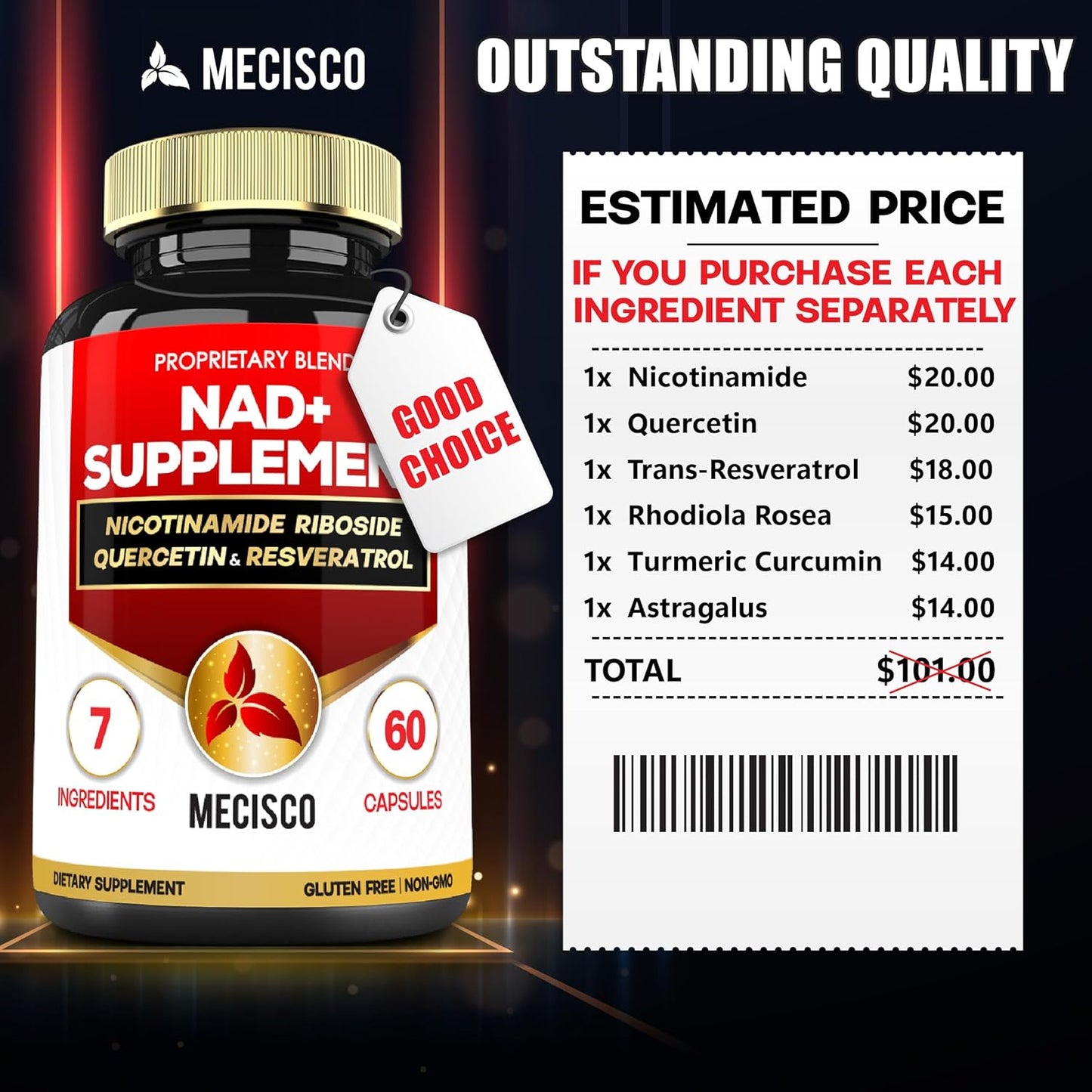 Cellular Energy & Repair Supplement with NAD+ 900mg, Quercetin, Resveratrol, Turmeric - Vitality & Healthy Aging - 60 Capsules