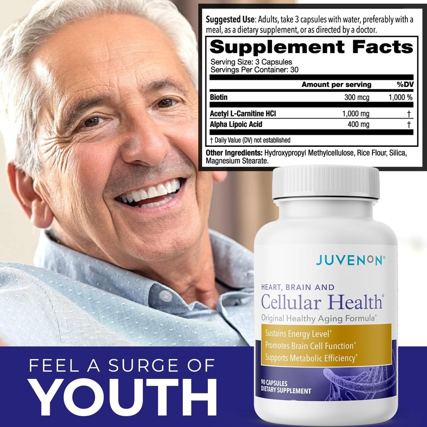 Cellular Health Supplement for Heart & Brain | Boost NAD+ Function, Energy, Mood | Acetyl L-Carnitine, Biotin | Metabolism & Mental Clarity Support (90 Caps)