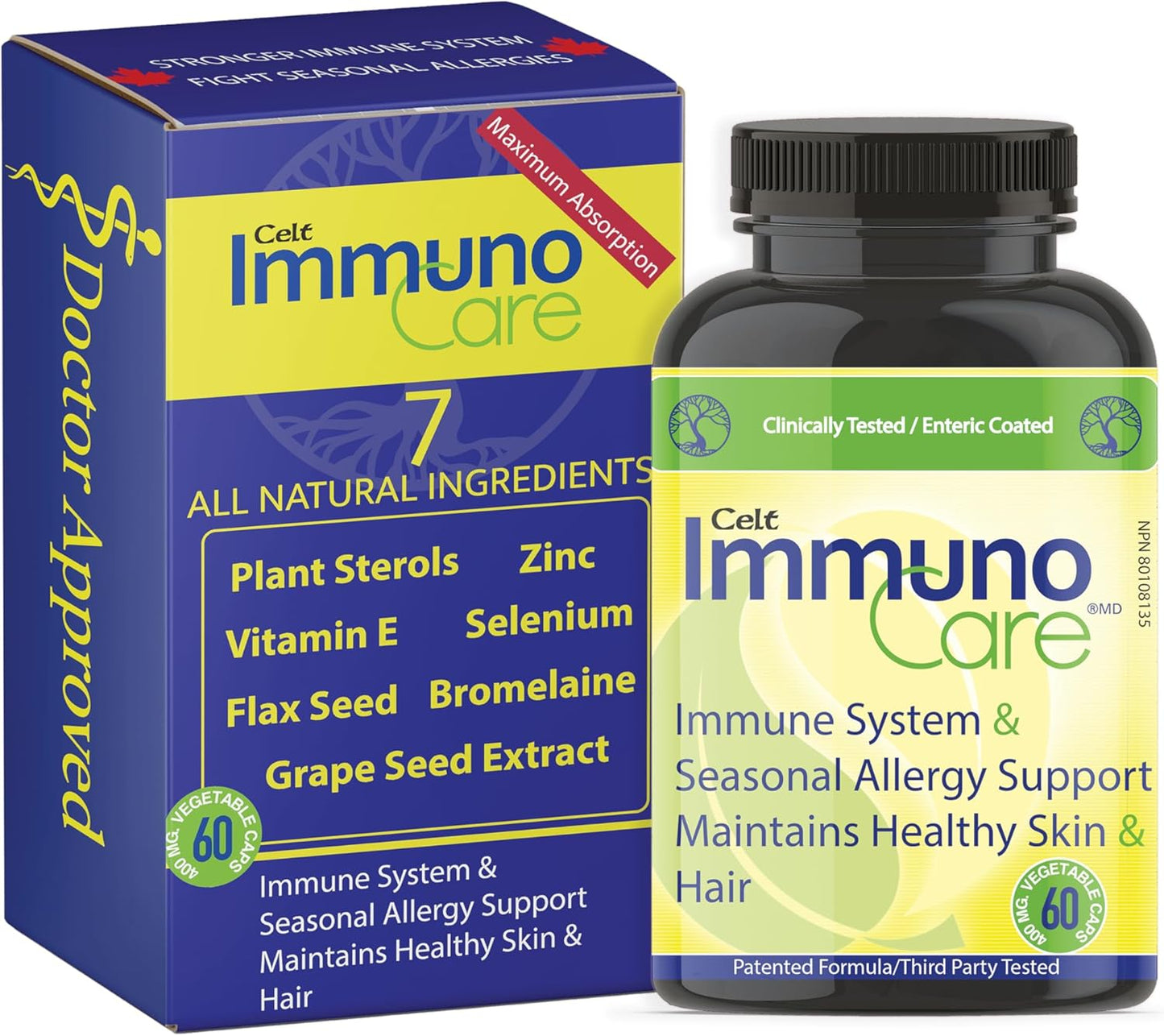 Celt Immunocare 60 V-Caps - Powerful Seasonal Allergy Blend - Immunity Support for Adults - Cholesterol Regulator - Ultra Strength Plant Sterols - 7 Key Immune-Boosting Ingredients