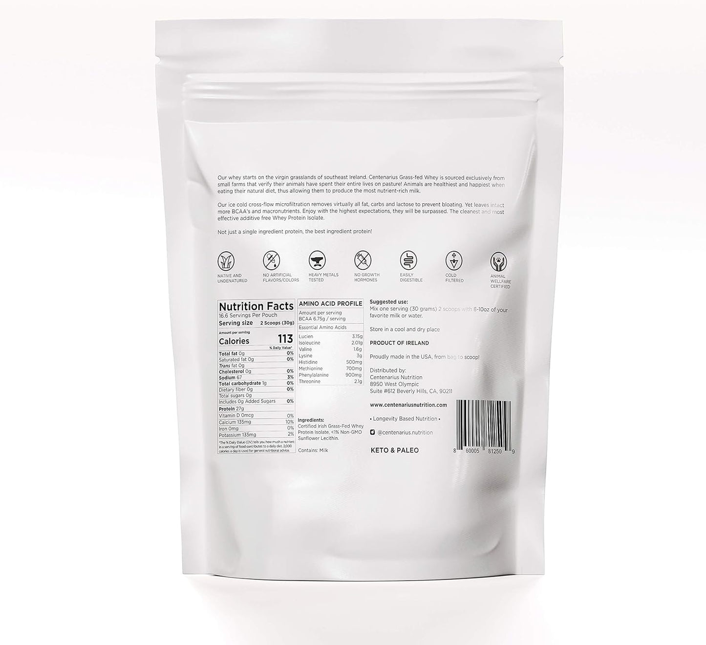 Centenarius Nutrition Grass Fed Whey Protein Isolate Powder - Natural Amino Acids for Muscle Growth & Recovery - Cold-Filtered, No Additives - Unflavored
