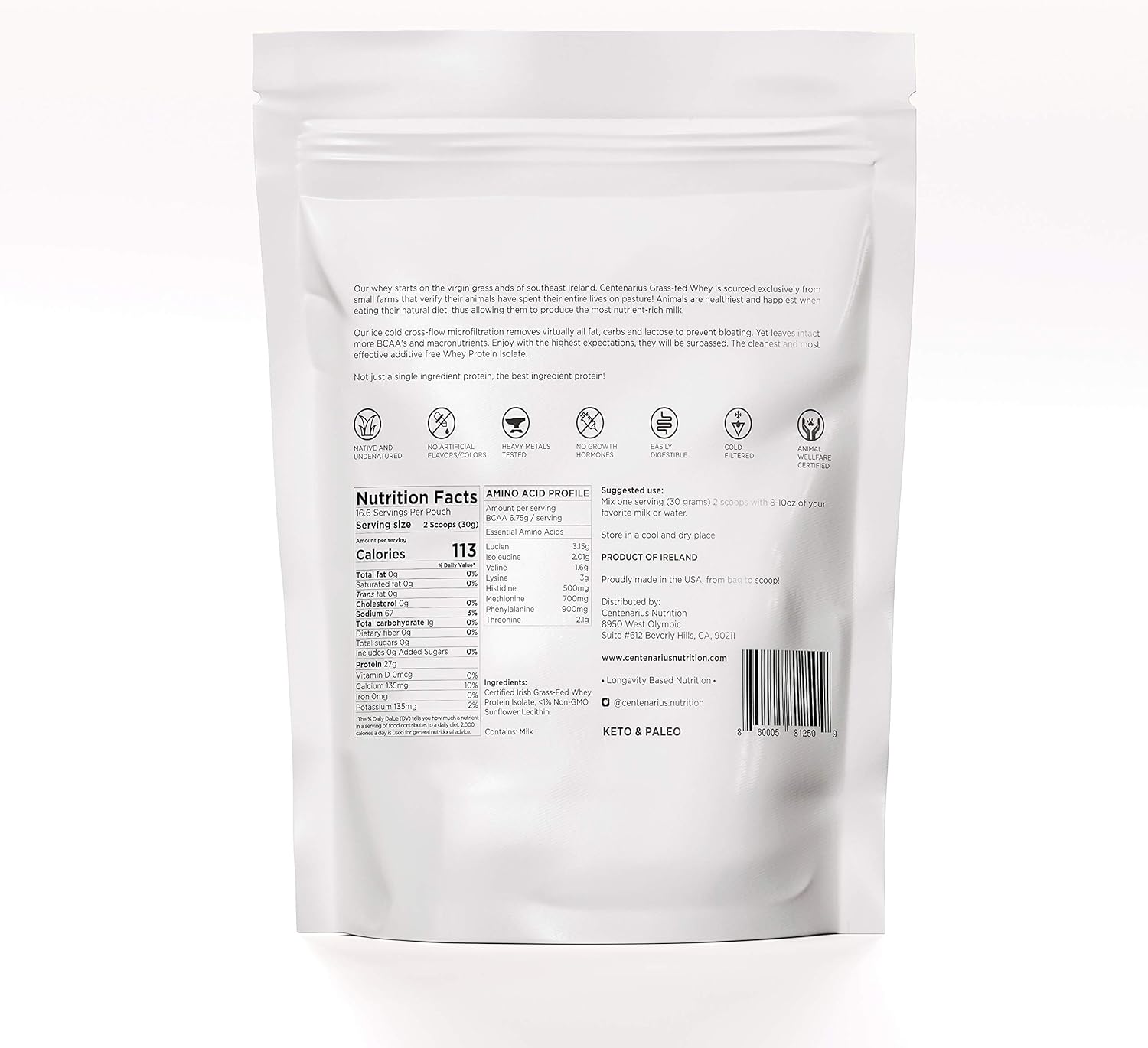 Centenarius Nutrition Grass Fed Whey Protein Isolate Powder - Natural Amino Acids for Muscle Growth & Recovery - Cold-Filtered, No Additives - Unflavored