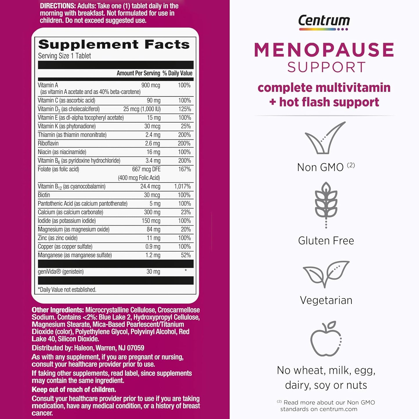 Centrum Complete Multivitamin with Hot Flash Menopause Support, 30 Tablets, geniVida Formula