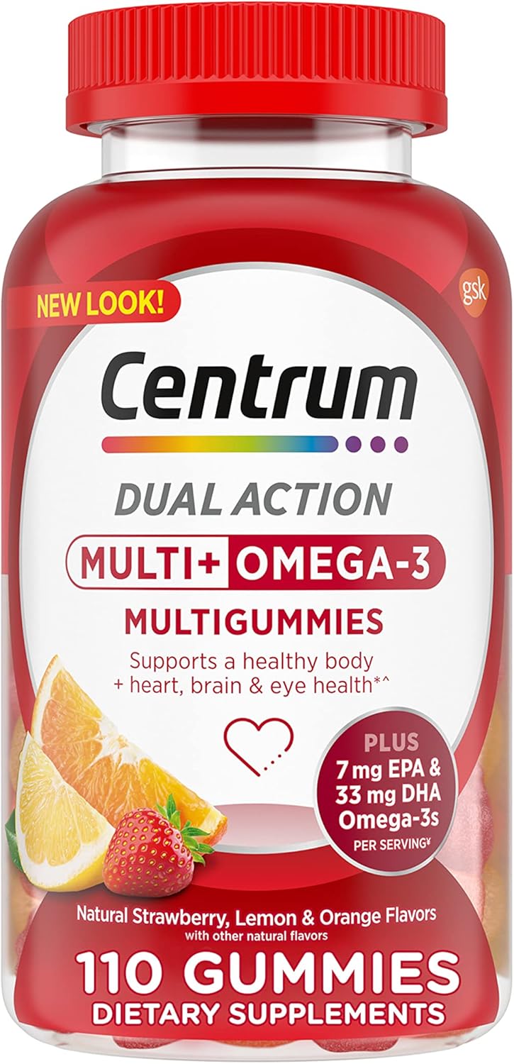 Centrum MultiGummies Multi+ Omega 3 Adult Multivitamin Supplement - 110 Count, Strawberry Lemon Orange Flavors