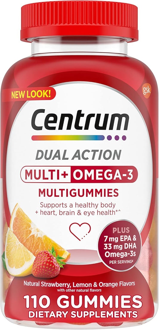 Centrum MultiGummies Multi+ Omega 3 Adult Multivitamin Supplement - 110 Count, Strawberry Lemon Orange Flavors