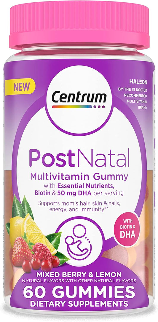 Centrum Postnatal Multivitamin Gummies with Biotin and DHA - Mixed Berry & Lemon Flavors, 60 Count - 30 Day Supply