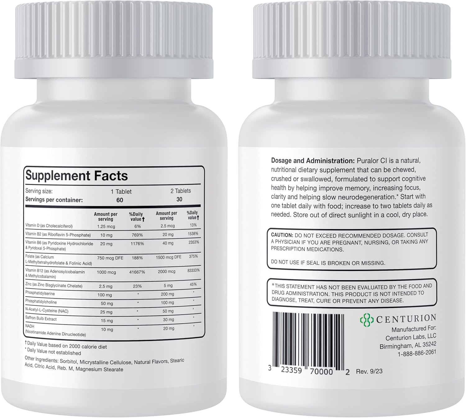 Centurion Puralor CI Brain Supplement - Memory & Focus Boost with Folate, NADH, B Vitamins - 60 Tablets for Teens & Adults