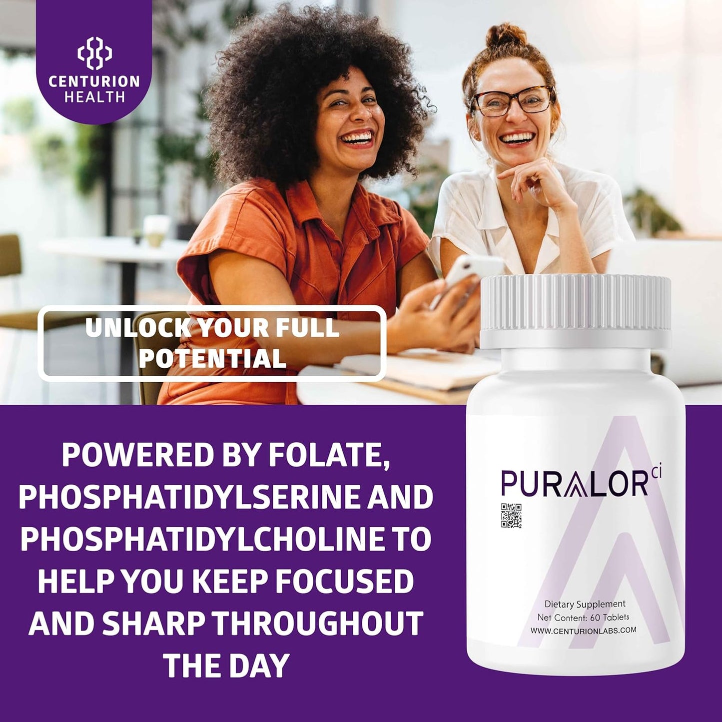 Centurion Puralor CI Brain Supplement - Memory & Focus Boost with Folate, NADH, B Vitamins - 60 Tablets for Teens & Adults