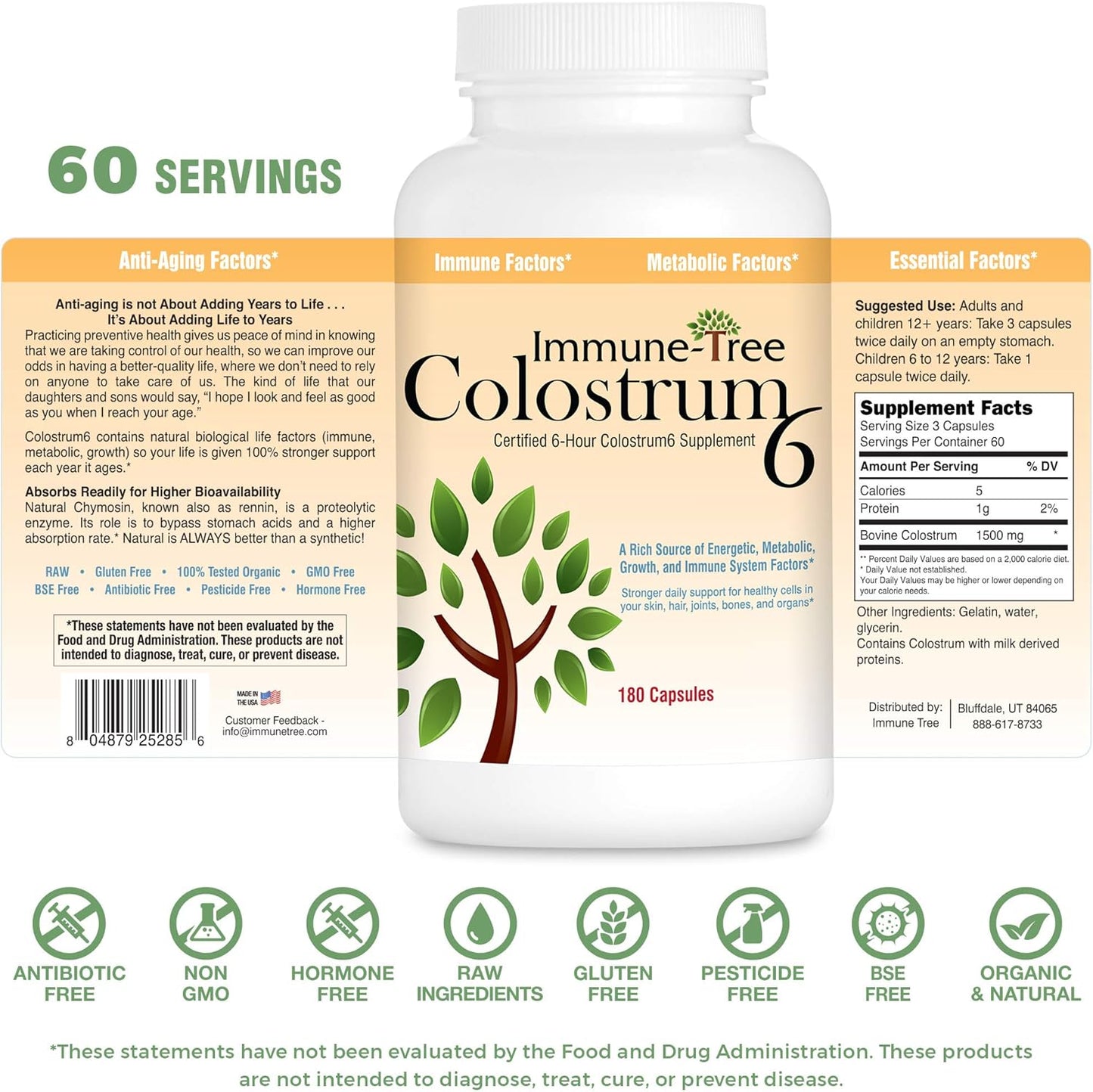 Certified 6-Hour Colostrum Capsules - Immune-Tree Colostrum6, 180 Count, 500mg