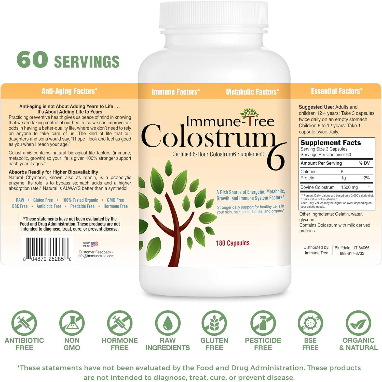 Certified 6-Hour Colostrum Capsules - Immune-Tree Colostrum6, 180 Count, 500mg