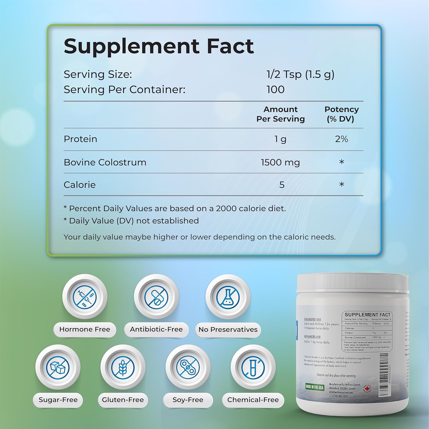 Certified Bovine Colostrum Powder Supplement for Immune Support, Gut Health, Muscle Growth - 150g Pack with High Protein & Lactoferrin