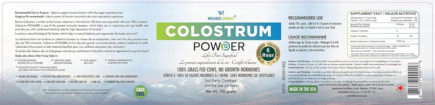 Certified Bovine Colostrum Powder Supplement for Immune Support, Gut Health, Muscle Growth - 150g Pack with High Protein & Lactoferrin