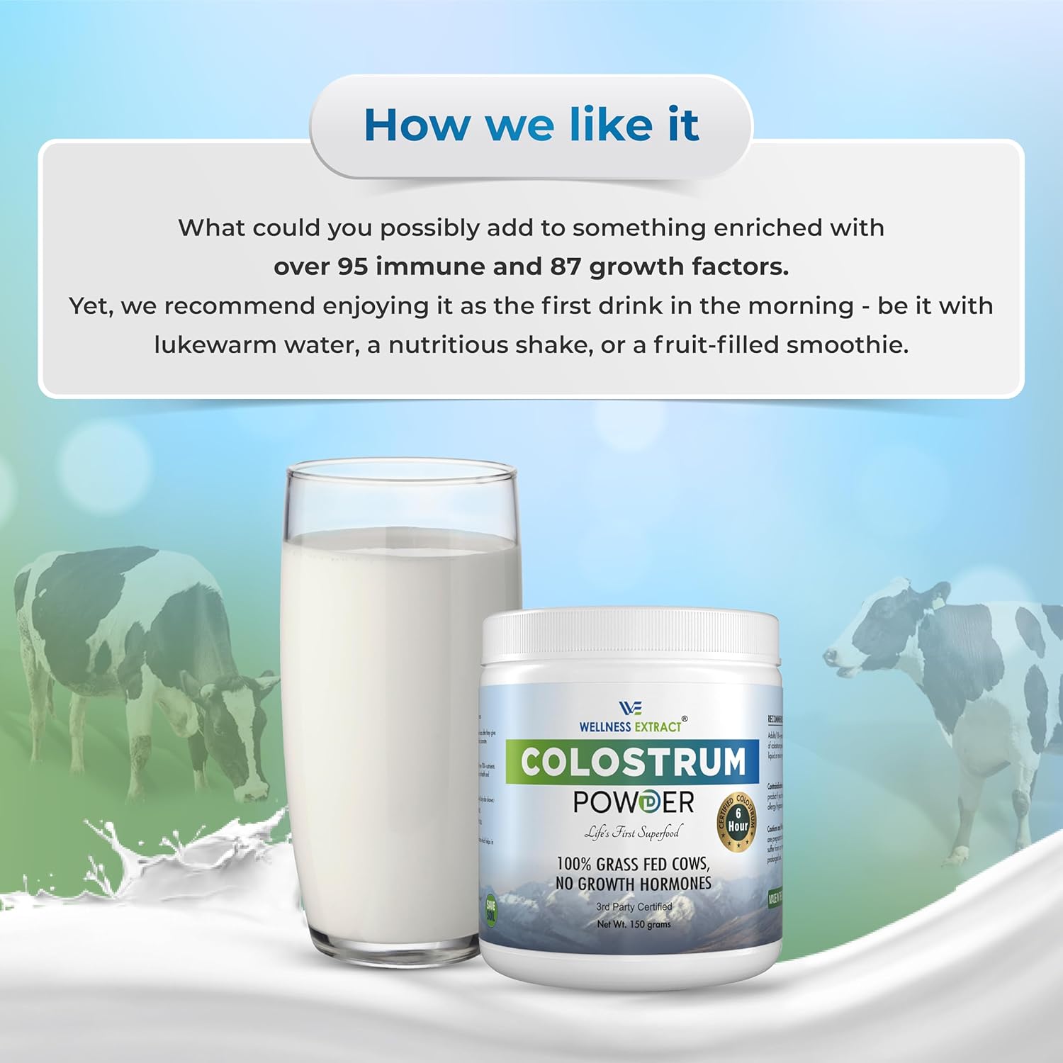 Certified Bovine Colostrum Powder Supplement for Immune Support, Gut Health, Muscle Growth - 150g Pack with High Protein & Lactoferrin