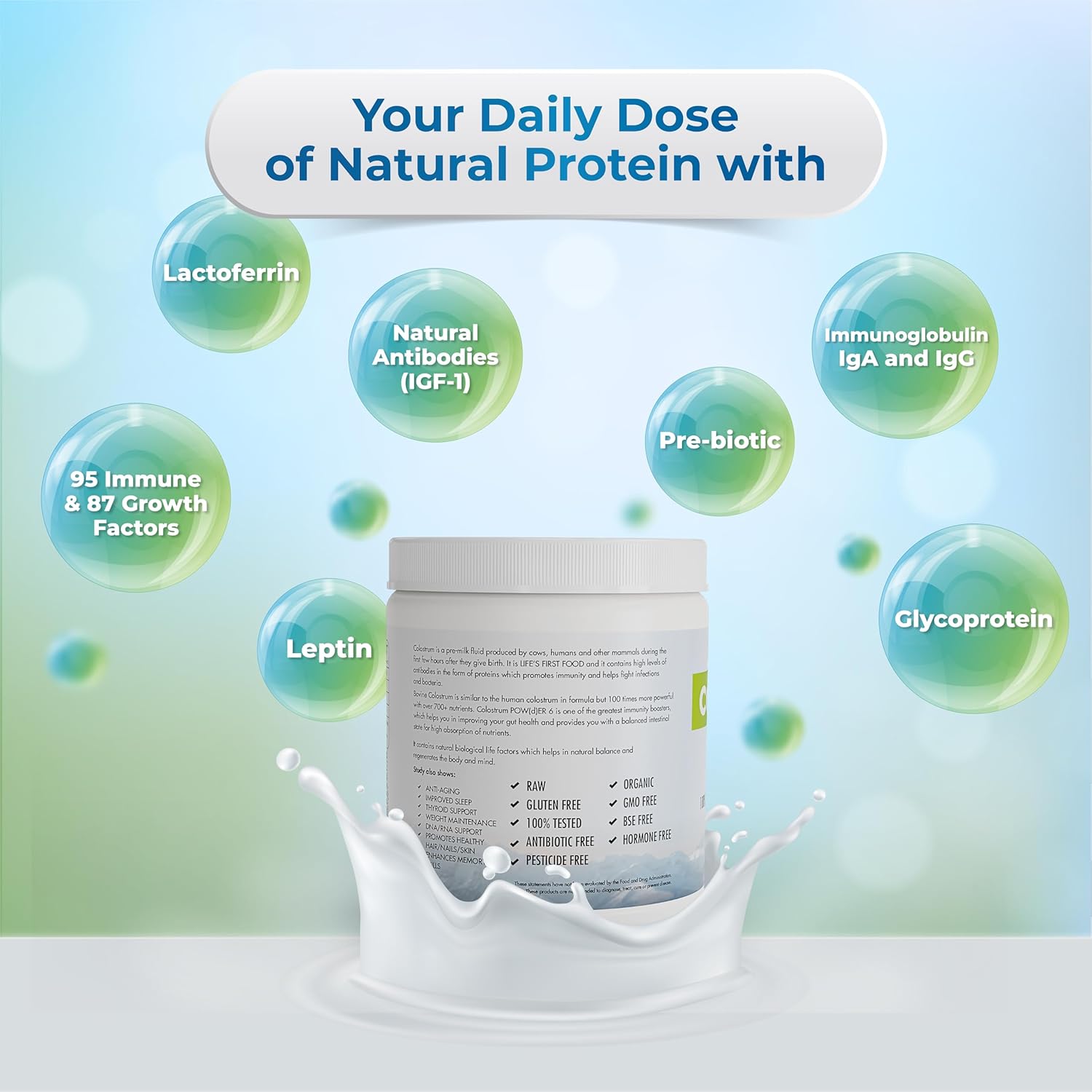 Certified Bovine Colostrum Powder Supplement for Immune Support, Gut Health, Muscle Growth - 150g Pack with High Protein & Lactoferrin