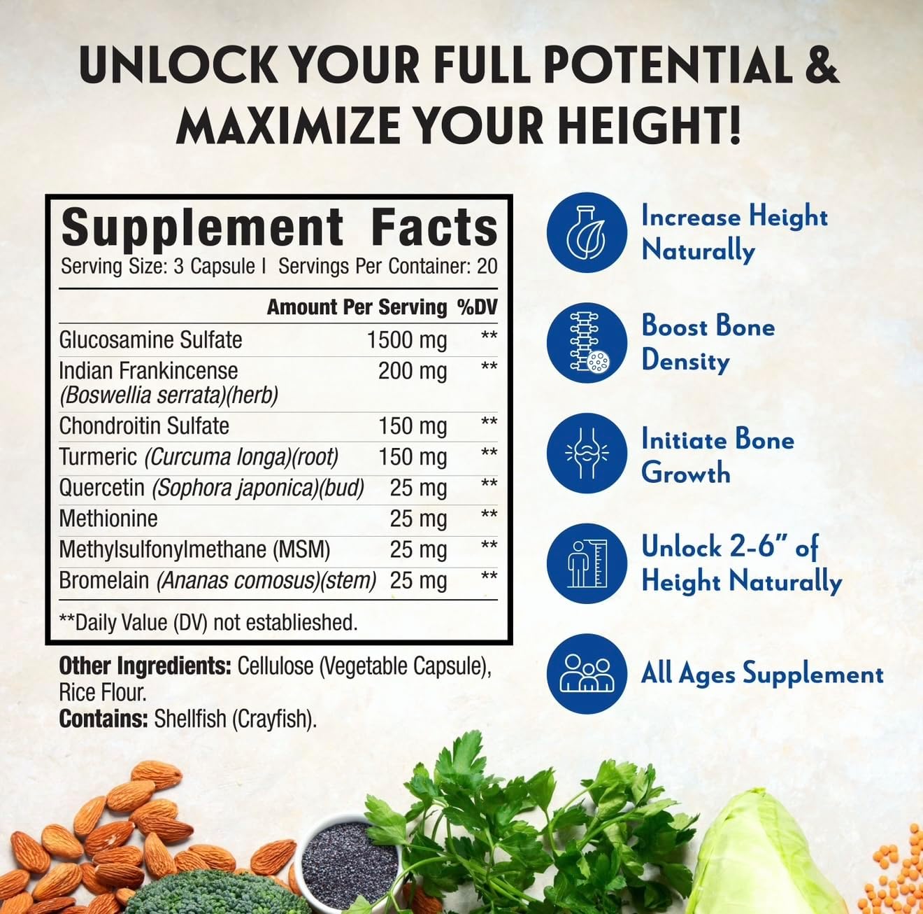 Certified Doctor-Recommended Height Growth Supplement with Clinically Tested Ingredients - 60 Capsules for Teens, Kids & Adults