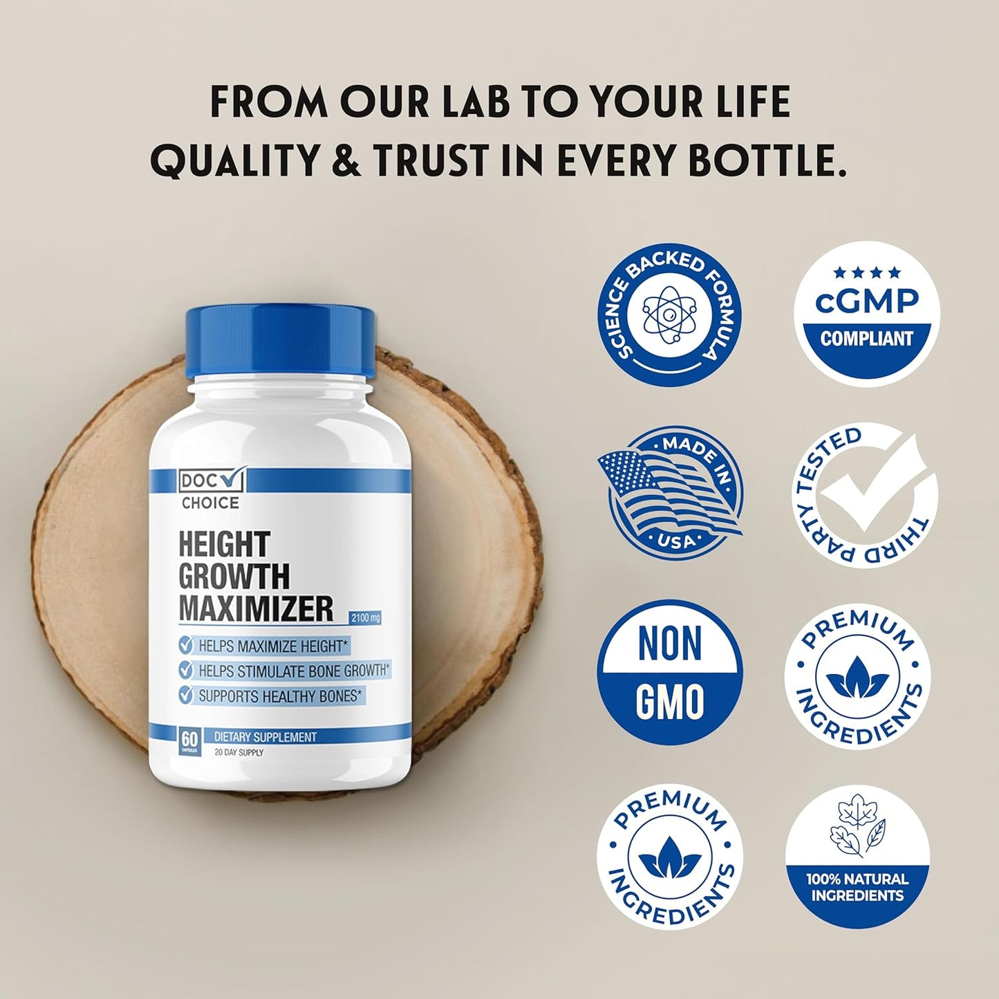 Certified Doctor-Recommended Height Growth Supplement with Clinically Tested Ingredients - 60 Capsules for Teens, Kids & Adults