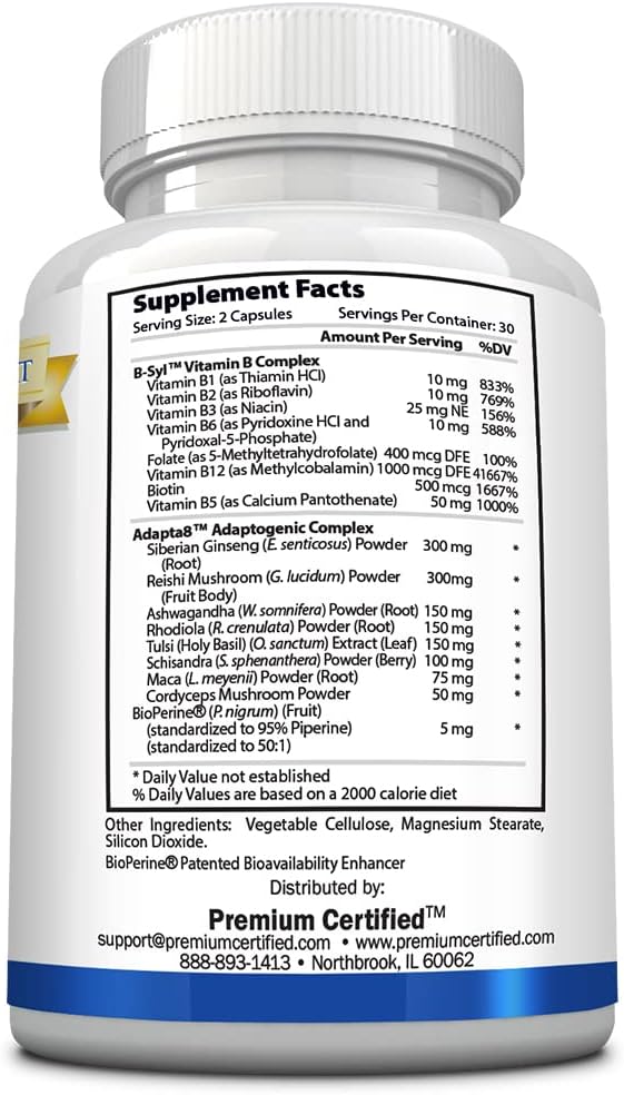 Certified EnergyMD Premium Vitamin B Blend with Adaptogenic Complex and Piperine for Fast Absorption - All Natural Energy Booster - 60 Capsules - Non-GMO, Vegan - Made in USA