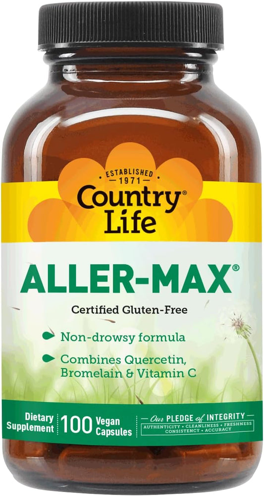 Certified Gluten-Free Aller-Max Quercetin Supplements with Bromelain - Immune Support Vitamin C, Zinc, Botanical Blend - Vegan - 100 Capsules
