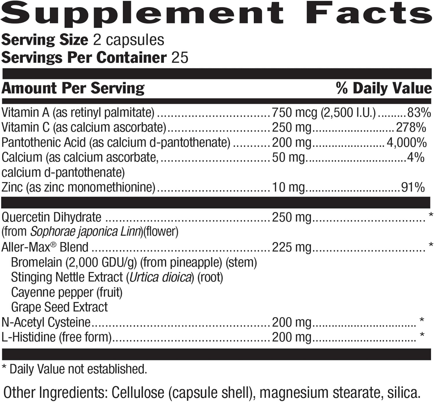 Certified Gluten-Free Aller-Max Quercetin Supplements with Bromelain for Immune Support - Vegan, 50 Capsules