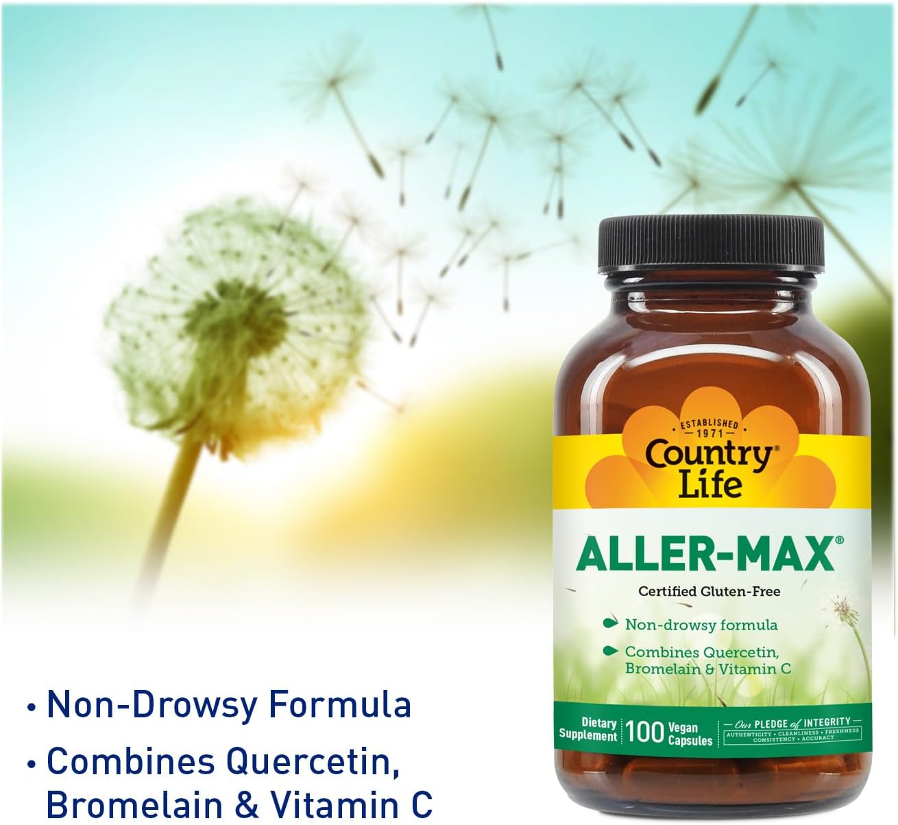 Certified Gluten-Free Aller-Max Quercetin Supplements with Bromelain - Immune Support Vitamin C, Zinc, Botanical Blend - Vegan - 100 Capsules