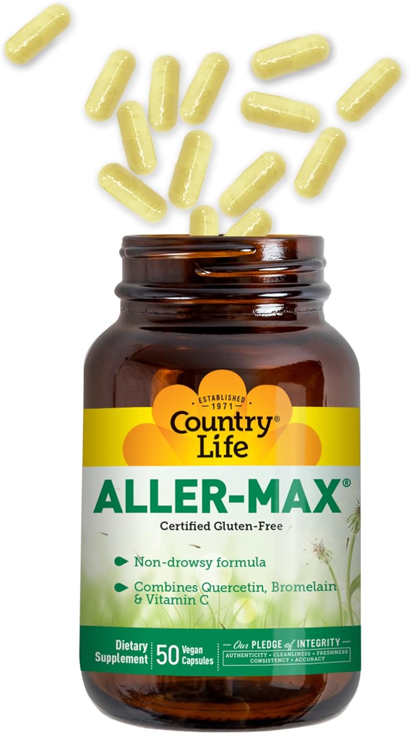 Certified Gluten-Free Aller-Max Quercetin Supplements with Bromelain for Immune Support - Vegan, 50 Capsules