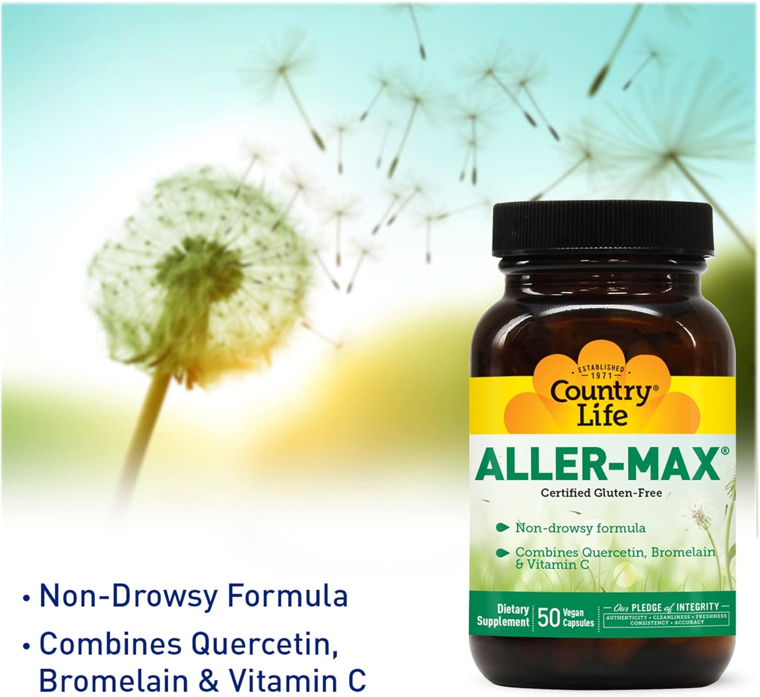 Certified Gluten-Free Aller-Max Quercetin Supplements with Bromelain for Immune Support - Vegan, 50 Capsules