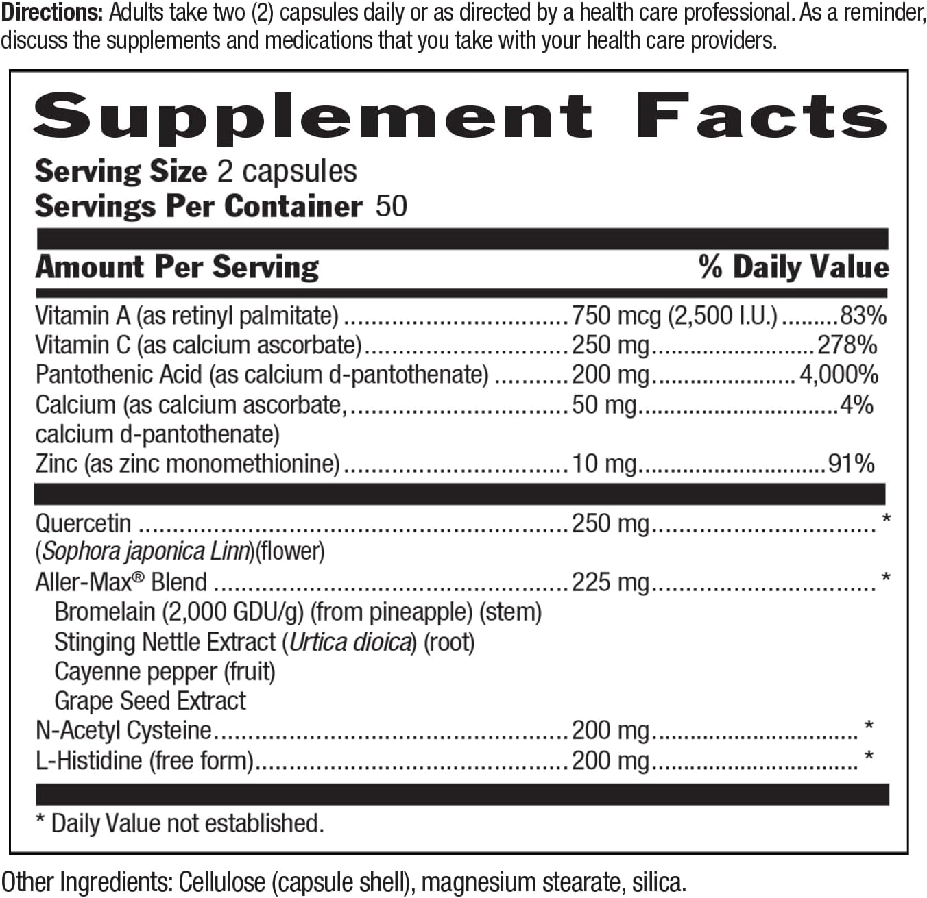 Certified Gluten-Free Aller-Max Quercetin Supplements with Bromelain - Immune Support Vitamin C, Zinc, Botanical Blend - Vegan - 100 Capsules