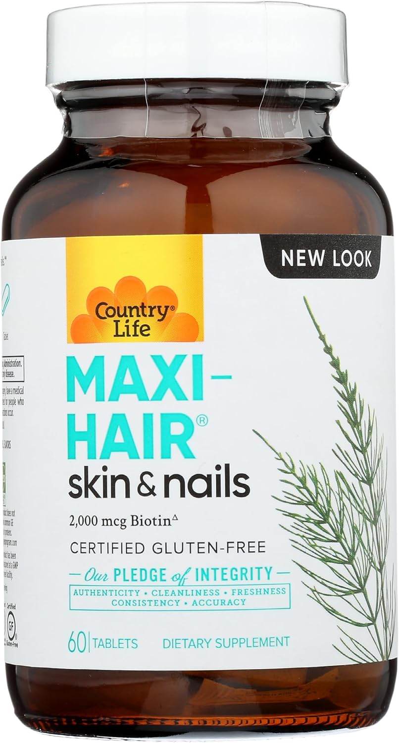 Certified Gluten-Free Country Life Maxi-Hair Supplement with 2000mcg Biotin for Hair Growth - Vegetarian Formula for Hair, Skin & Nails - 60 Tablets