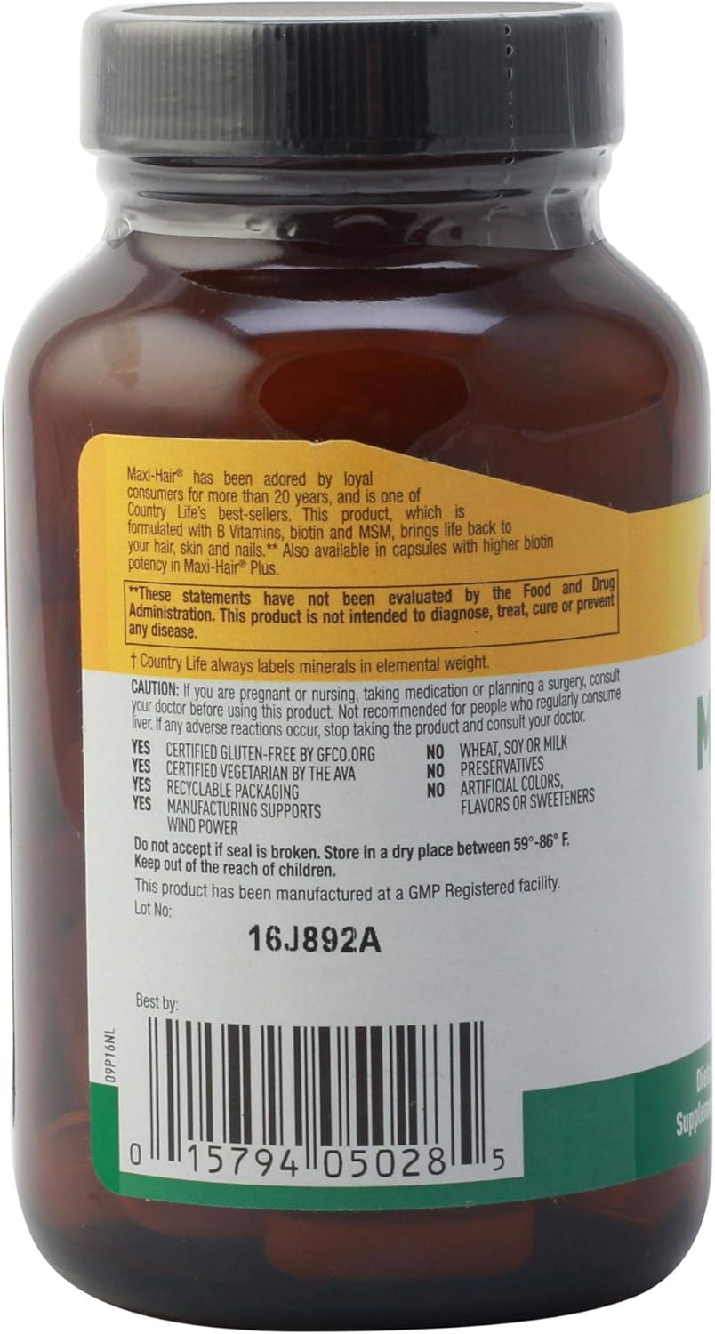 Certified Gluten-Free Country Life Maxi-Hair Supplement with 2000mcg Biotin for Hair Growth - Vegetarian Formula for Hair, Skin & Nails - 60 Tablets