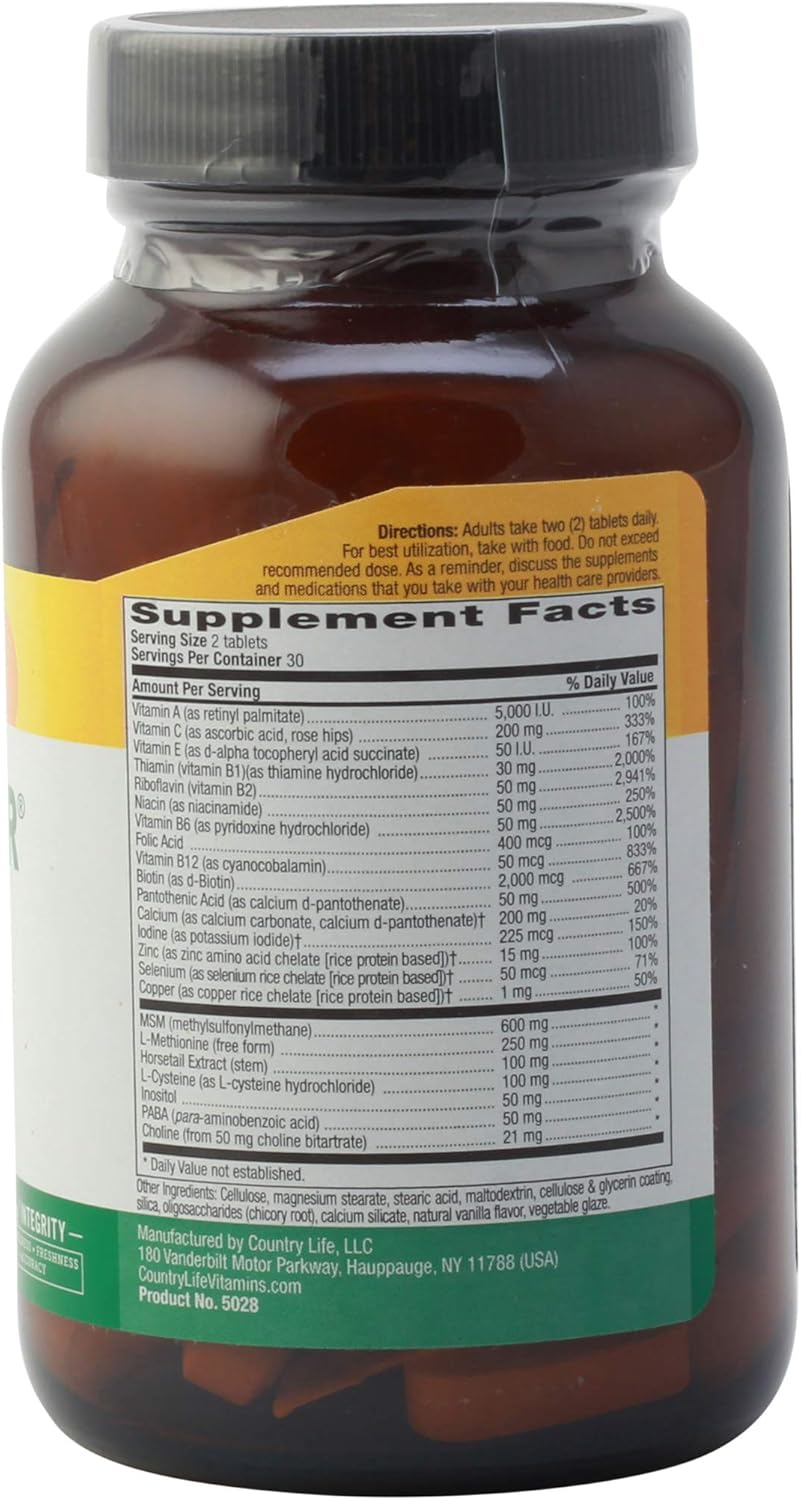 Certified Gluten-Free Country Life Maxi-Hair Supplement with 2000mcg Biotin for Hair Growth - Vegetarian Formula for Hair, Skin & Nails - 60 Tablets