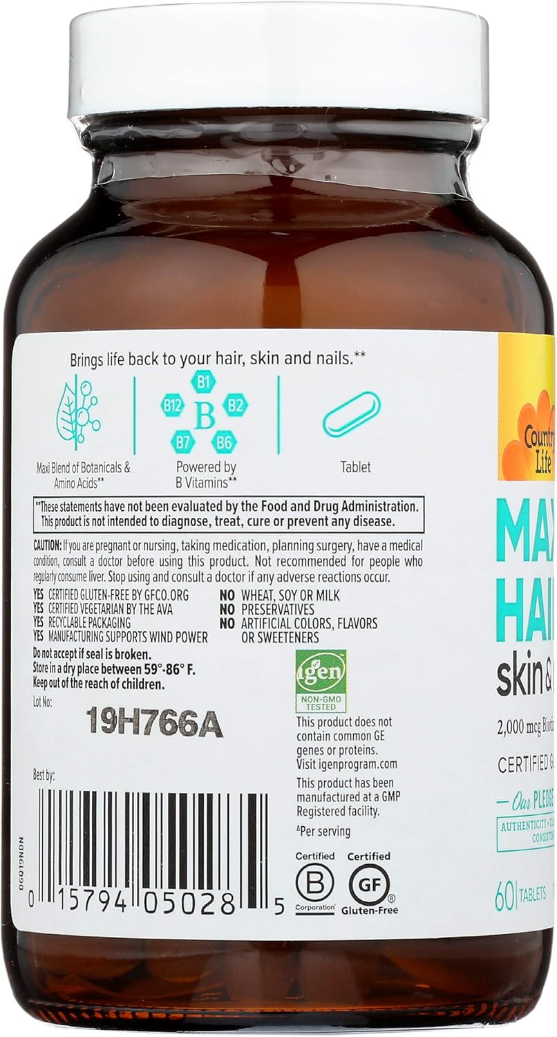 Certified Gluten-Free Country Life Maxi-Hair Supplement with 2000mcg Biotin for Hair Growth - Vegetarian Formula for Hair, Skin & Nails - 60 Tablets