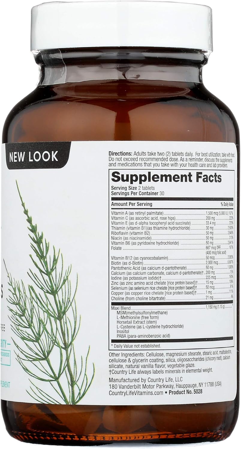 Certified Gluten-Free Country Life Maxi-Hair Supplement with 2000mcg Biotin for Hair Growth - Vegetarian Formula for Hair, Skin & Nails - 60 Tablets